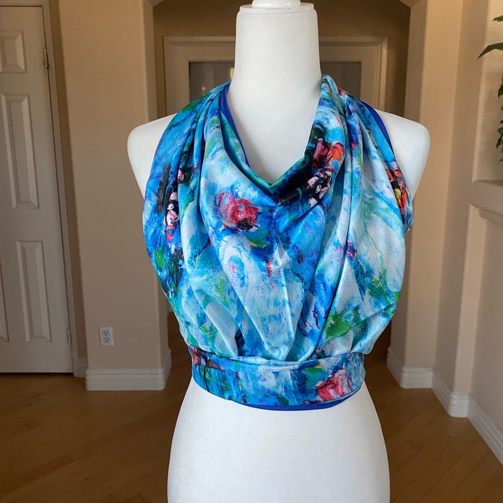 Floral 100% Silk Blue Scarf Wrap